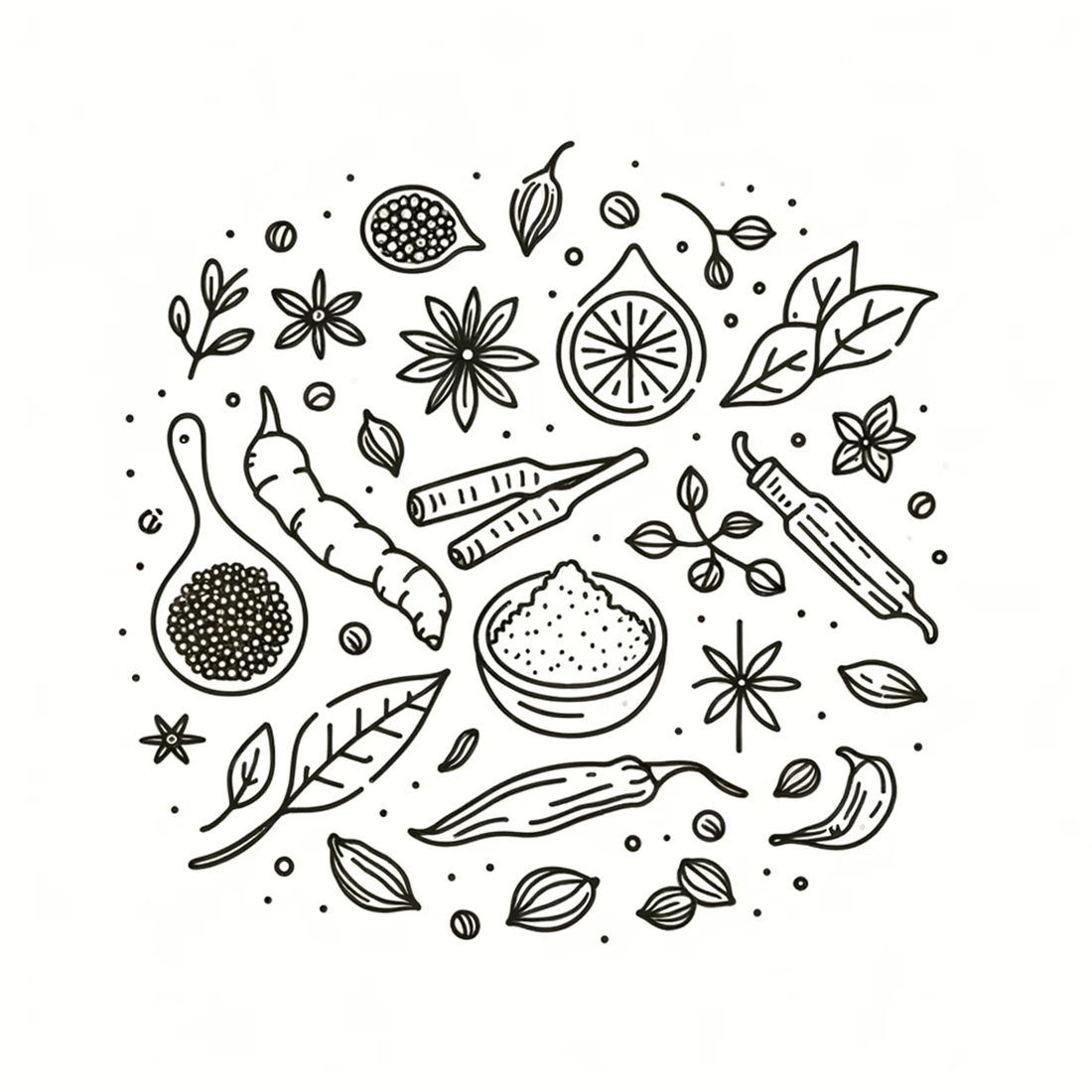 Black and white line drawing of different spices, chillies, and decorative spots/stars.