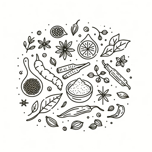 Black and white line drawing of different spices, chillies, and decorative spots/stars.