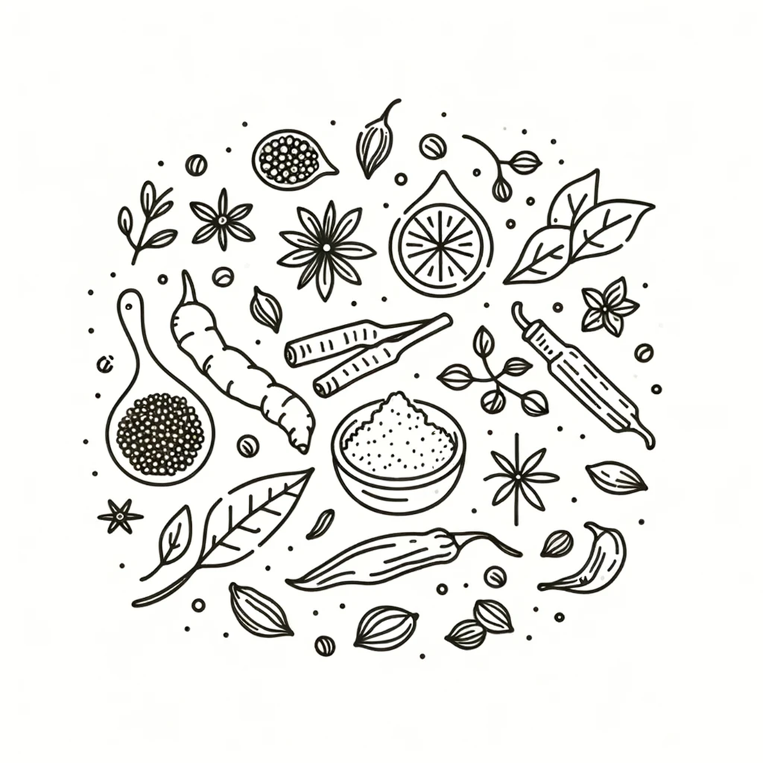 Black and white line drawing of different spices, chillies, and decorative spots/stars.  